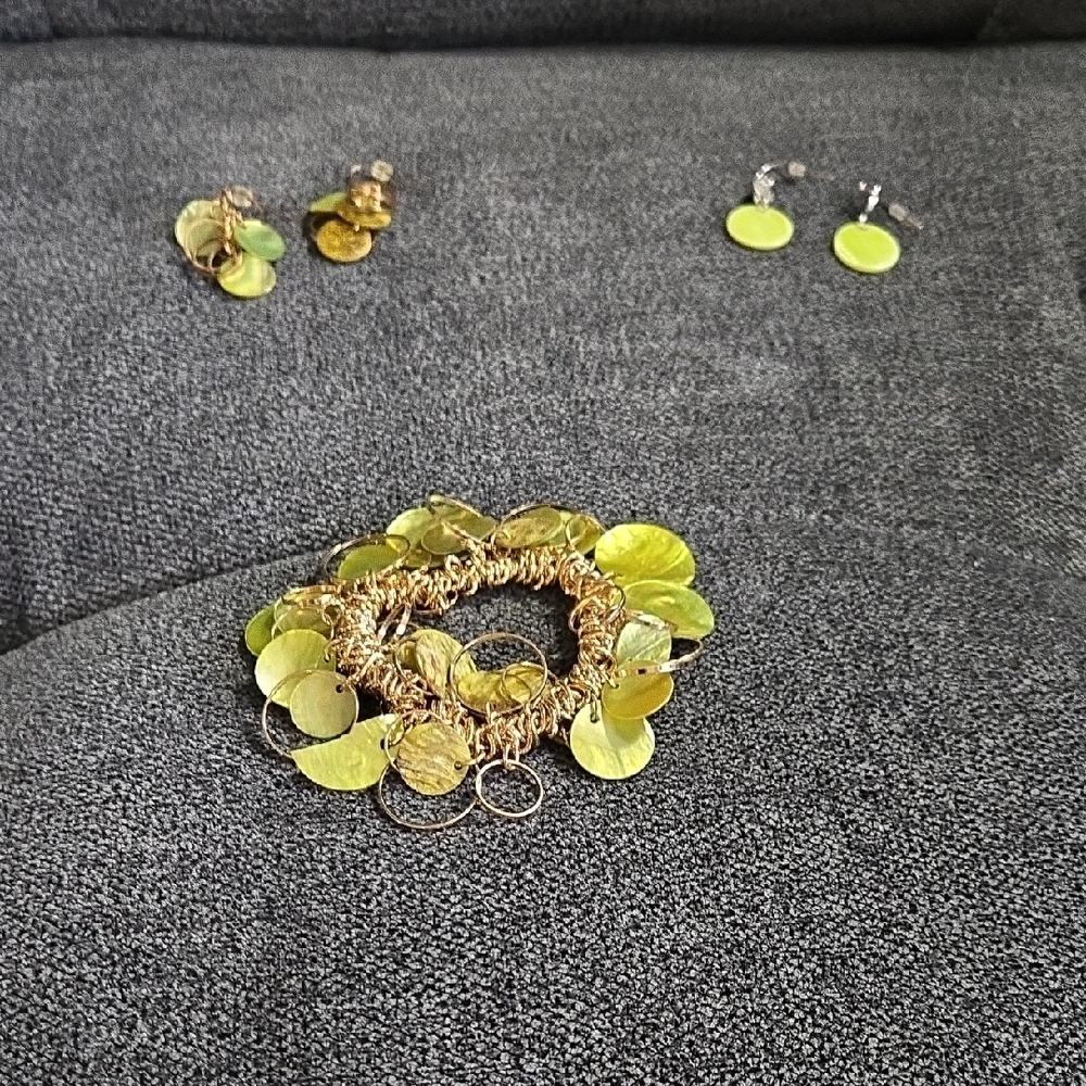 Coldwater Creek Gold and Green Jewelry Set- Bracelet & 2 Sets of Earrings